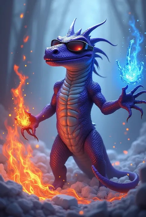 Lizard looking dracthyr evoker in world of warcraft with cool looking sun glasses with purple skin and ice and fireelements in background and the dracthyr is doing deep fire breath