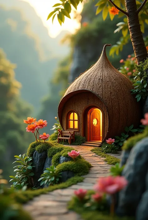 A highly realistic miniature house crafted from a coconut shell, with intricate details like windows and doors, perched on a scenic cliffside. Inside the house, a glowing light bulb creates a warm and inviting atmosphere. The surrounding environment featur...