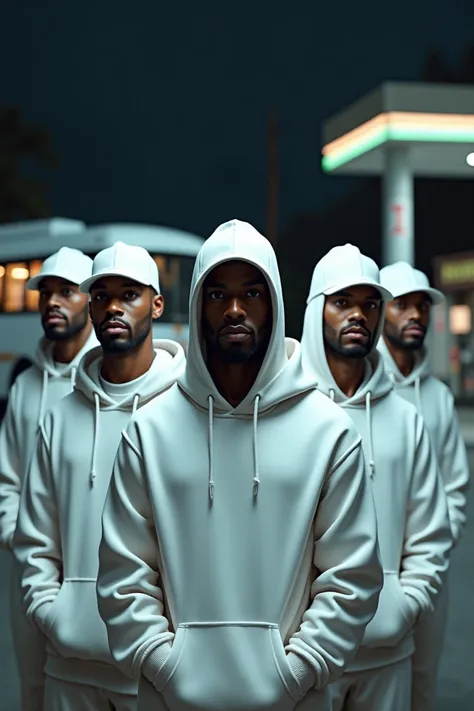 Create 5 men ,  2 of the men must have black skin ,  wearing a white hoodie with the white cap ,  at a gas station at night with a white bus behind and a convenience store in the background 