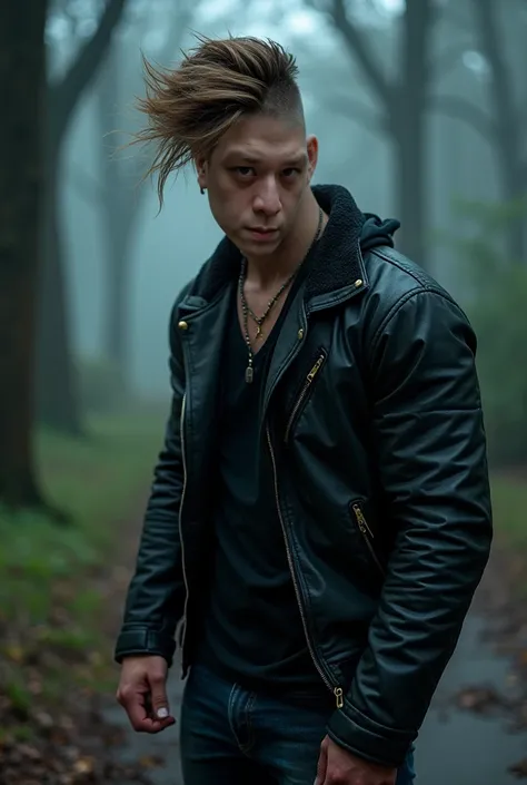 Dynamic in action pose, Photo taken with leica m9 50mm 1.2, beautiful background bokeh, walking at a park a thunderstorm, dark stormy night, detailed and intricate background, evil and enigmatic rough and rugged allure, evil style of portrait full of domin...