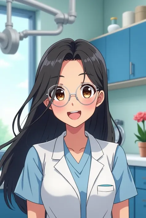 Animation of a dentist girl with long black hair with clear lenses, dimples, and brown eyes