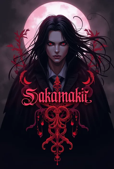  A logo with the name Yoru Sakamaki with the following elements.
 Magic Night , Bloody Vampire .
purple, black and red.