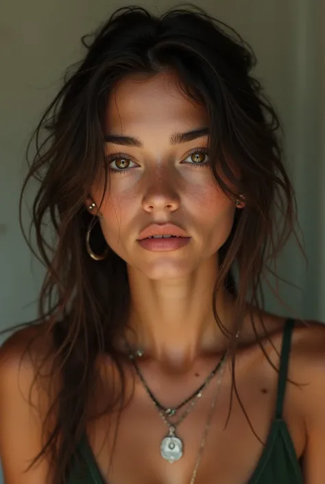 realistic 8k of a Spanish teenager , with loose waist-length hair, brown-green eyes, tanned skin and many piercings in her ears