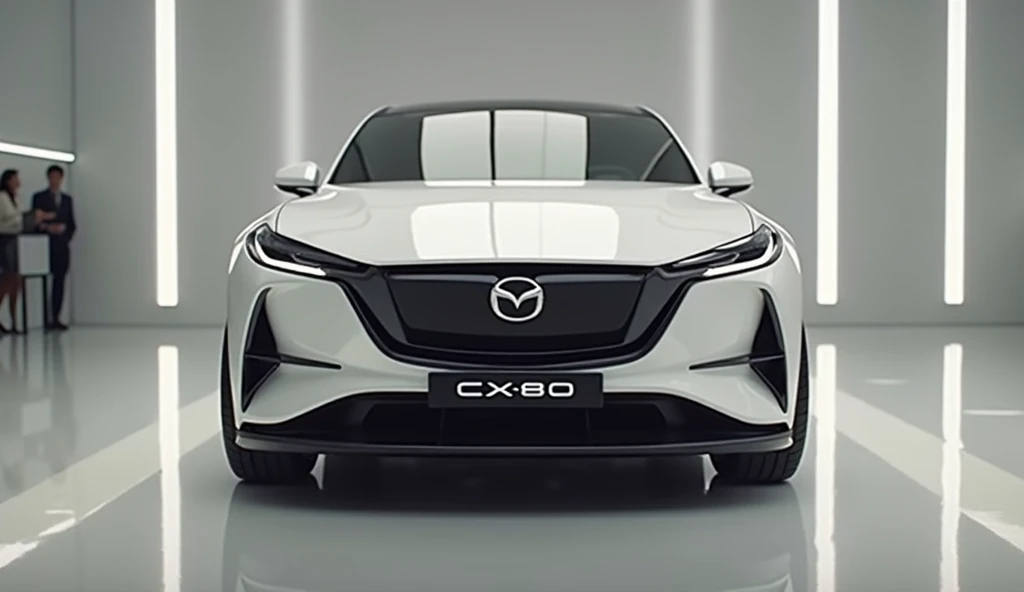 Close Front view of painted black with shiny clour 2025 Mazda CX-80 sleek in large shape sedan in large size with Mazda logo on its large detailed grille in shiny white clour with angular sporty design captured from close Front view with modified sleek LED...