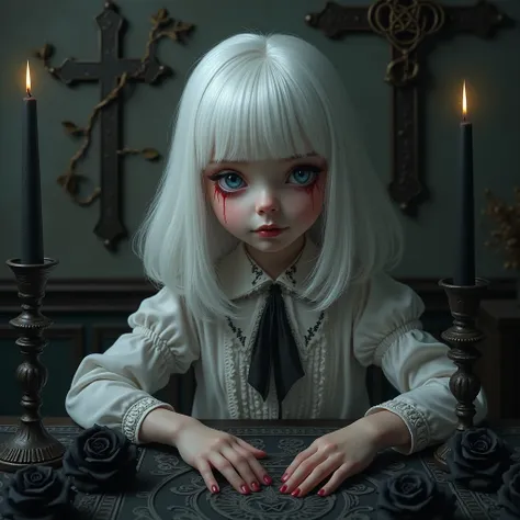 (1 cute albino little european girl), blue eyes, skin white as snow, black victorian clothes, evil smile, very beautiful, cozy atmosphere, in a victorian house, medium white hair with fringes, elegant, detailed face, detailed eyes, detailed body, very real...