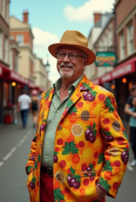  45 year old photo , background in british tourist spot , a man dressed in kjjhas fasion themed fruit unique face,cute ladies boy 