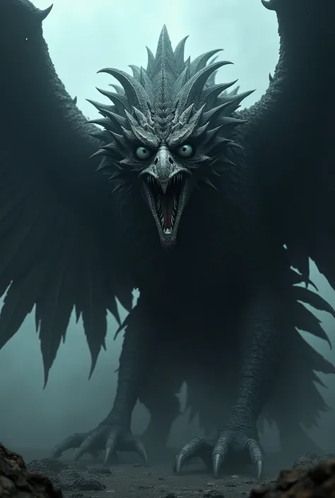  A monster in the form of a large garuda bird, ferocious and spooky .  Is developing both wings. Face view up close