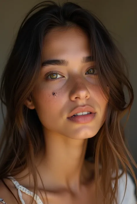 photo 8k with friends of a Spanish teenager , with loose waist-length hair, brown-green eyes, tanned skin and many piercings in her ears