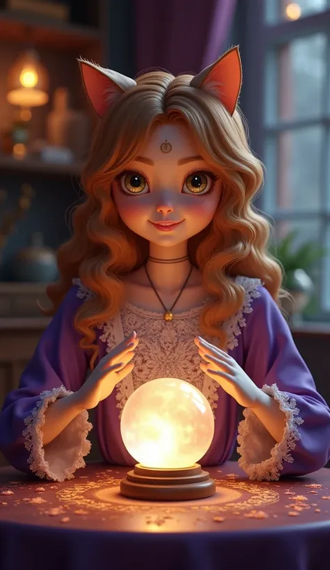 Cat girl:fortune teller、A beautiful, bright face with a smile on her face、 bronze hair with cheese、It looks like fortune telling on a table with one crystal ball that is crystal clear in the stardust room、
Purple Dress、Real images in live action