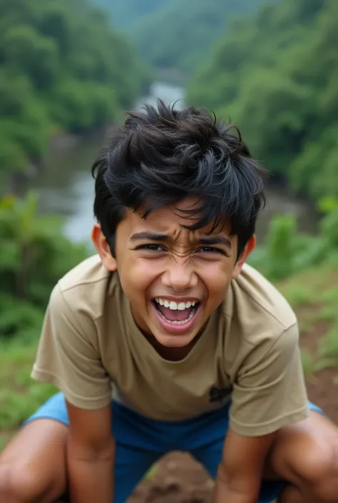 Close-up real photo of a light-haired Latino boy with twelve year old black hair on top of a dirt hill behind the tropical river and looking terrified and confused and desperate wearing blue shorts and beige t-shirt