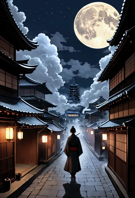 A tranquil moonlit cityscape set in Japan, where the radiant full moon bathes the streets in a silvery glow. Traditional houses line the quiet streets, their tiled roofs glistening faintly under the cold, dark mist that hangs heavy in the air. Soft streetl...