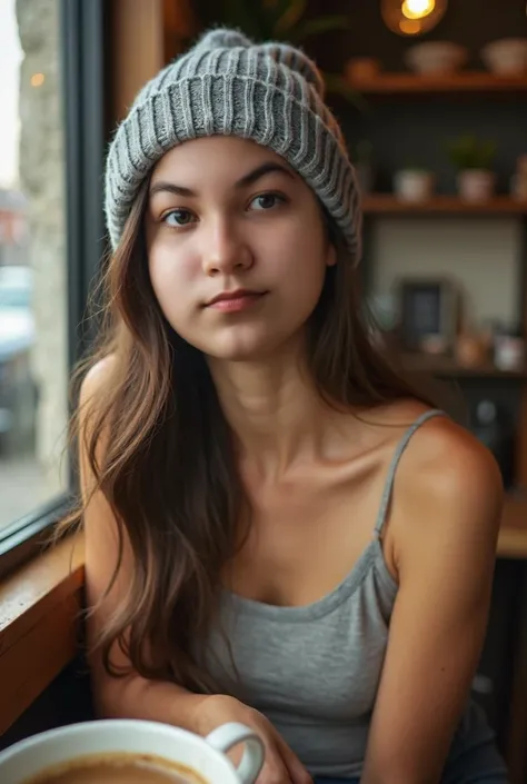 Beautiful woman, coffee shop setting, gray beanie, perky , tank top, selfie, looking up at me