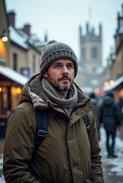 photo of 34 year old , background in a british tourist spot, a man dressed in winter clothes 