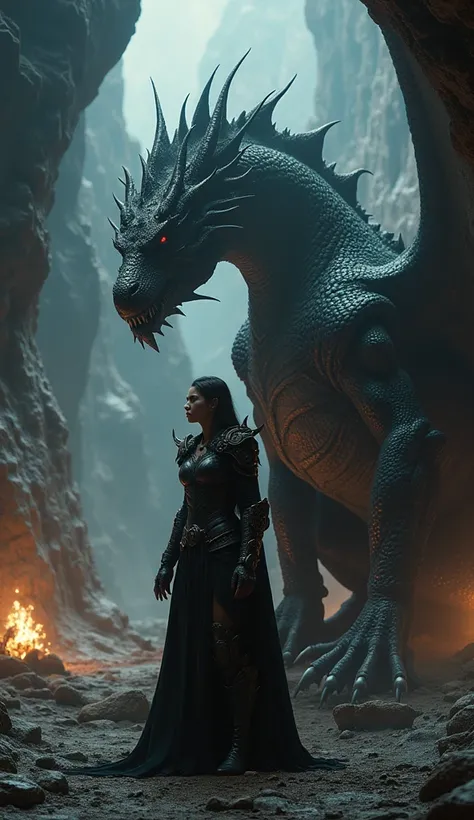 "A fierce woman clad in dark, ornate armor stands beside a towering dragon, its scales glistening under the dim light of a cave. The photorealistic environment, with jagged rock formations and flickering torchlight, sets a scene of power and danger --ar 9:...