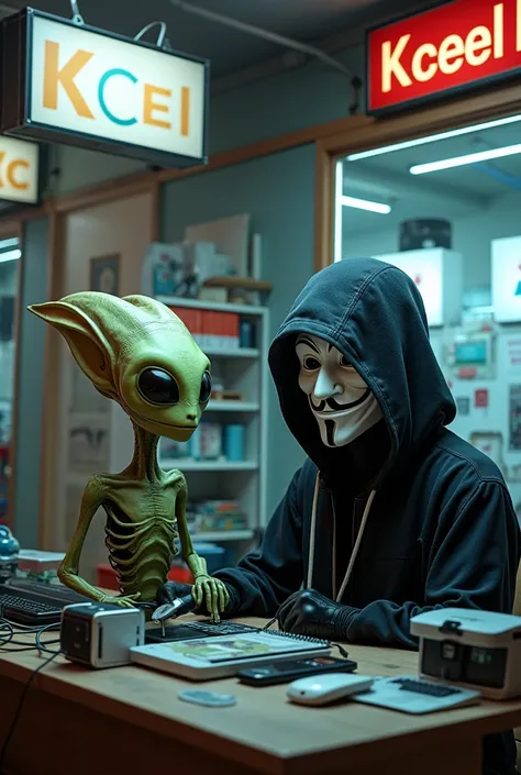 Create a situation where a funny alien brings your cell phone to a store called KCELL and asks the technician wearing hacker clothes and masquerading as Anonymous to maintain your cell phone 