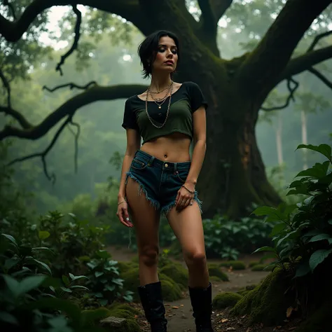  a 30-year-old woman argentina curvilinea cintura muy pequeña alternative style,  sensual,  sexy pose,  many branches of the tree ,  short hair with piercings .  professional photograph in the style of the photos of photographer Annie Leibovitz ,  Perfect ...