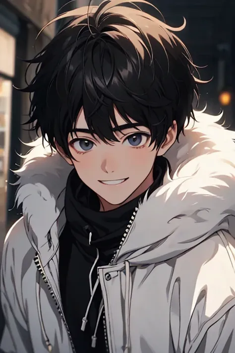 ultra-detailliert, Best Quality, finely detail, Anime Male, 1 Male, 18 years old, The face and eyes are very detailed, Detailed face, jet black eyes, Mans, Black hair, Medium Hair, Messy pointed hair, (White fur jacket with Black hoody), (big Smile, Happy)...