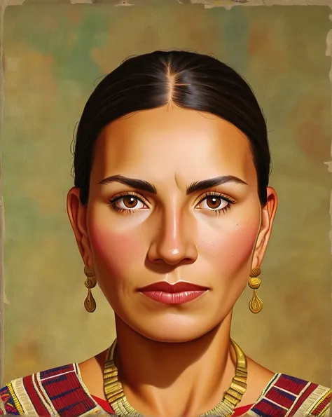 A head-and-shoulders portrait photo of a modern Mestizo woman with a perfectly symmetrical face and ideal facial proportions.