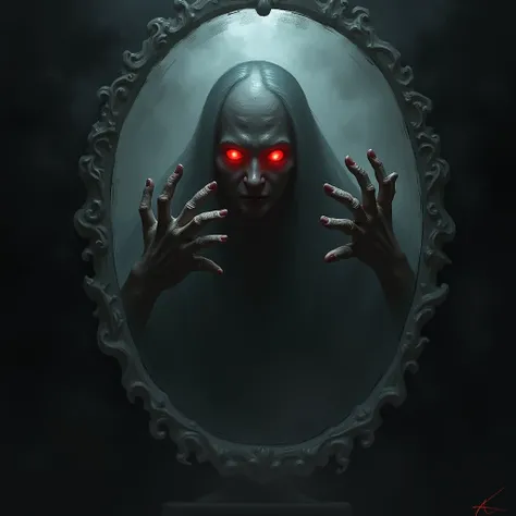 The reflection’s eyes turn a glowing red as it stretches its hands outward, pressing against the mirror glass as though trying to out escape into the real world.