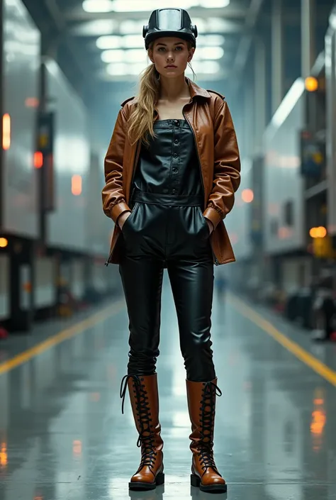 longshot fullbody photo of a woman with light brownblond hair tied to a ponytail. Her age is 25. She is standing in a futuristic factory. She is wearing (glossy black leather dungarees), a (glossy brown workjacket) and (glossy brown laceup leather overknee...