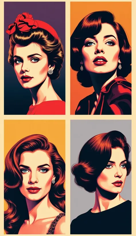 
Create a series of four elegant portraits of imaginary famous figures, blending elements of fantasy and pop art in a vibrant, avant-garde style. Each portrait should capture the essence of these fictional celebrities, showcasing their unique personalities...