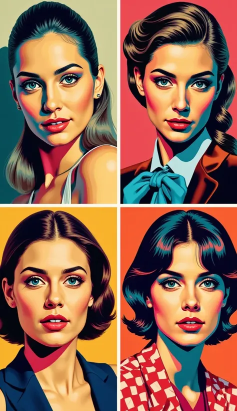 
Create a series of four elegant portraits of imaginary famous figures, blending elements of fantasy and pop art in a vibrant, avant-garde style. Each portrait should capture the essence of these fictional celebrities, showcasing their unique personalities...