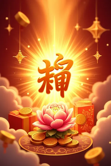 
A dynamic and colorful illustration of a shop logo, “Vạn Tài Vạn Bảo,” surrounded by a burst of golden light and symbols of prosperity, such as ingots, red envelopes, and a blooming peony flower. The background is a blend of red and gold hues, with sparkl...