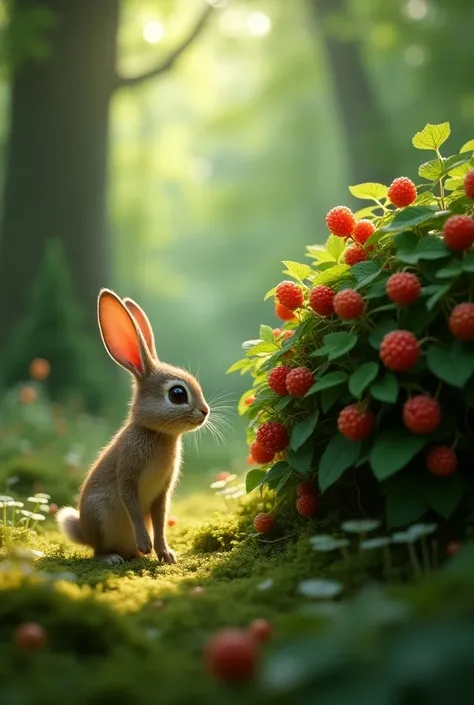 In a green forest, a Rabbit found a bush full of sweet berries.