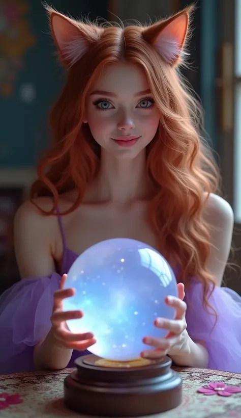 Cat girl:fortune teller、A beautiful, bright face with a smile on her face、 bronze hair with cheese、It looks like fortune telling on a table with one crystal ball that is crystal clear in the stardust room、
light purple dress、Real images in live action