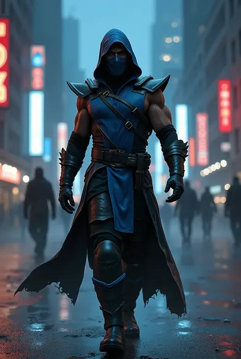 in the center of the image, Sub-Zero walking in the city, mortal Kombat, focus on the face, night weather, Ultra HD quality, best quality, high quality, realistic, sharp quality, ultra-realistic and realistic image, best quality, city scenery city.