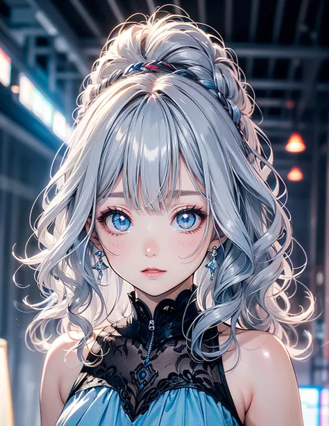 pretty girl, Wavy silver-haired woman, bangs, Bright Blue Eyes, Red lips,   light blue 　dress,　twins　くまのぬいぐるみを抱いている