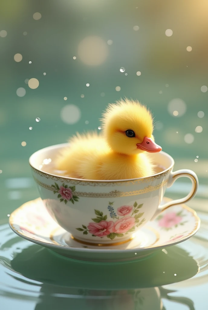 A little duckling with yellow feathers swimming in a teacup.
