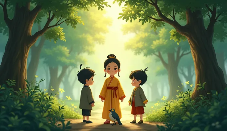 Three young rens stand one girl and two boys in the forest and a bird sitting at front side of their and Chinese wears jinse and shirt and dark sides of the forest 