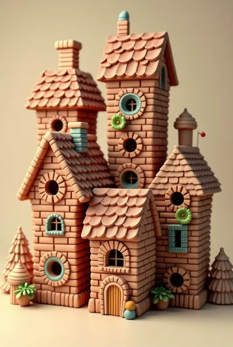 A 3d render of a whimsical, three-dimensional representation of the word ELIAS. Each letter is in the form of a house, with a brick exterior, a tiled roof, and windows. The house has a unique design with a circular window on the upper section and a rectang...