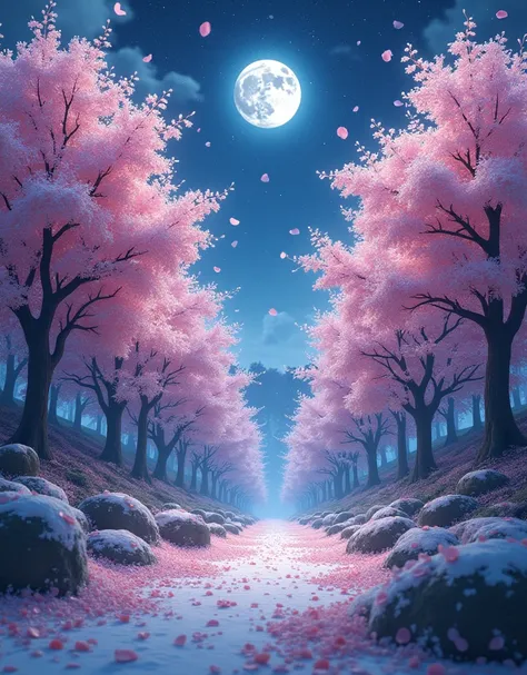 Detailed cherry blossom forest, falling petals, detailed night, detailed moon, stars sky, galaxy sky, detailed environment, falling snow, Non-humans