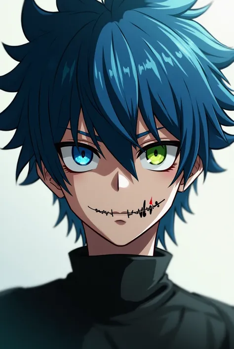 male Anime character with blue short hair and a scar across the lips left to right and eyes of different colours
