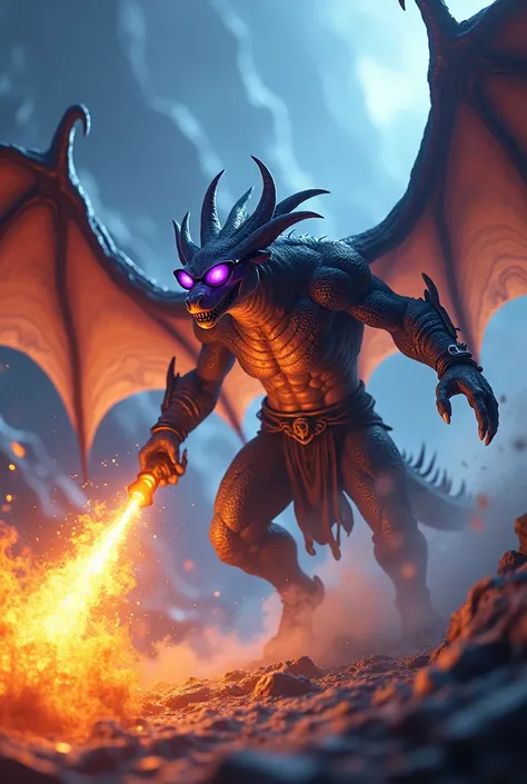 Lizard looking dracthyr evoker in world of warcraft with cool looking black sun glasses with purple skin and ice and fire elements in background and the dracthyr is doing deep fire breath and shouting fire out of his mouth smiling and casting disintegrate ...