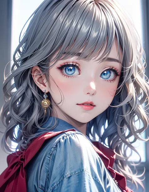 pretty girl, Wavy silver-haired woman, bangs, Bright Blue Eyes, Red lips,   light blue 　dress,　twins　くまのぬいぐるみを抱いている