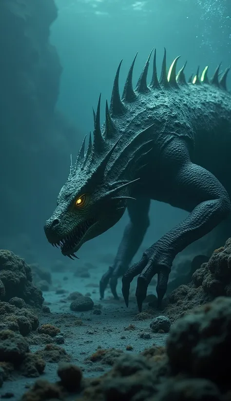 "Create a photorealistic depiction of a formidable dragon-like predator stalking the desolate ocean floor. Its heavily armored body gleams faintly in the oppressive darkness, each plate textured with scars and encrusted with ancient marine growths. Serrate...