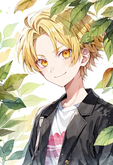 Watercolor colorful,boruto,boy,,solo,blonde hair,spicky short hair,white shirt,black jacket with pink linning,smiling,leaves,boruto uzumaki