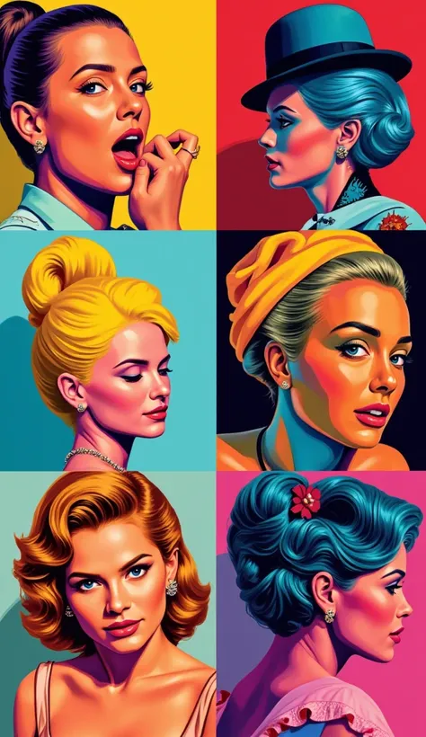 
Create a series of four elegant portraits of imaginary famous figures, blending elements of fantasy and pop art in a vibrant,  Each portrait should capture the essence of these fictional celebrities, showcasing their unique personalities through bold colo...