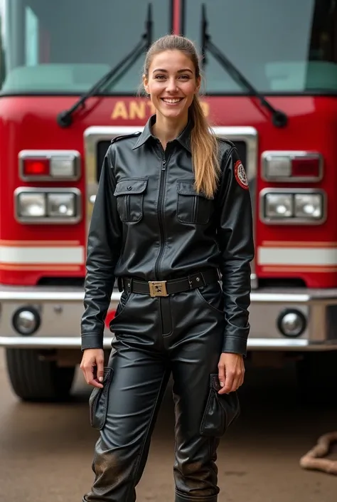 longshot fullbody photo of a woman with light brownblond hair tied to a ponytail. Her age is 25. She is standing in front of a fire truck. She is wearing (glossy black leather firefigter uniform) and (glossy black leather overknee boots). She is smiling an...