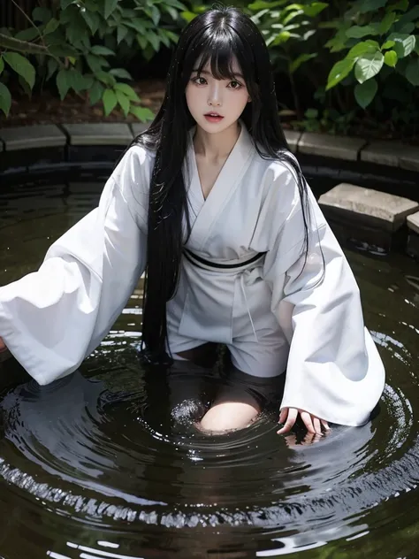  long black hair 、 with bangs to hide your eyes、 pure white kimono、It crawls out of the well、 on all fours、Creepy、 dark theme 