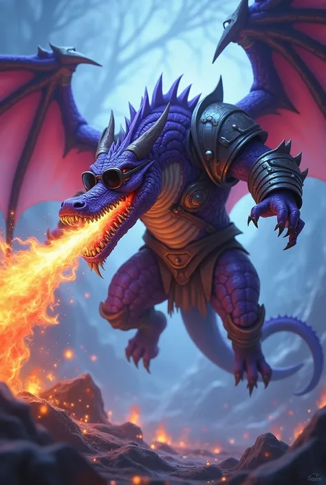 Lizard looking dracthyr evoker in world of warcraft with cool looking black sun glasses with purple skin and ice and fire elements in background and the dracthyr is doing deep fire breath and shouting fire out of his mouth smiling and casting disintegrate ...