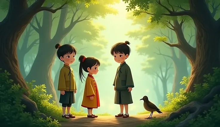 Three young rens stand one girl and two boys in the forest and a bird sitting at front side of their and Chinese wears jinse and shirt and dark sides of the forest 