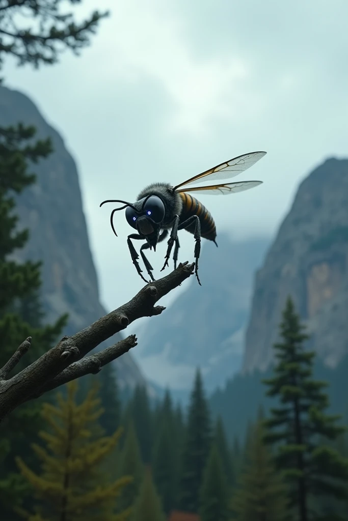 Create a cinematic AI video of a dangerous-looking bee flying from the sky and landing gracefully on a tree branch. The bee should have sharp, menacing features, such as glowing eyes or spiky limbs, with a metallic sheen on its body. The weather is overcas...