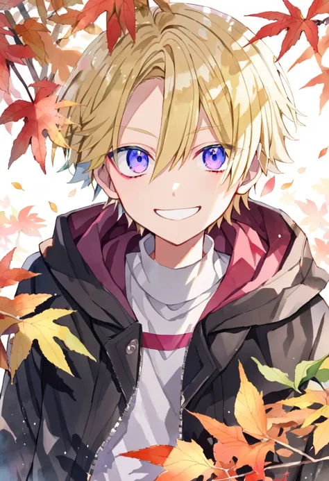 Watercolor colorful,boruto,boy,,solo,blonde hair,spicky short hair,white shirt,black jacket with pink linning,smiling,leaves,boruto uzumaki