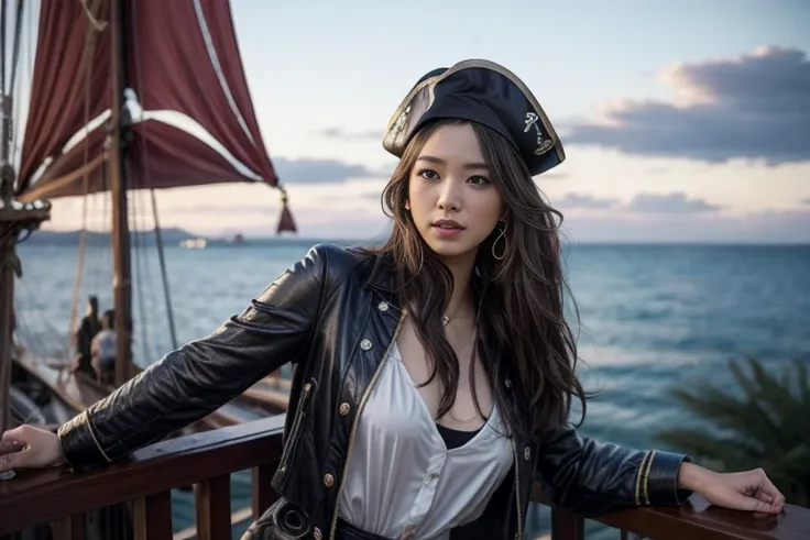 Beautiful female pirate standing on the deck of a pirate ship。 pictures of super beautiful and cute Japanese female pirates that are a big hit around the world on an old pirate ship。名作で有名な巨匠の写真家が撮影した大ヒットのmasterpiece写真。(masterpiece: 1.3), (8k, Realistic,  R...