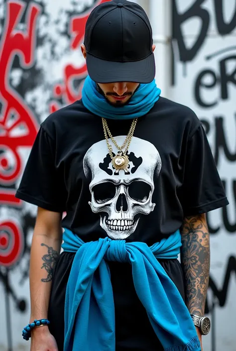 On a white wall,  send me a black shirt with an image of a skull with a blue scarf and a black cap, and graffiti to decorate  