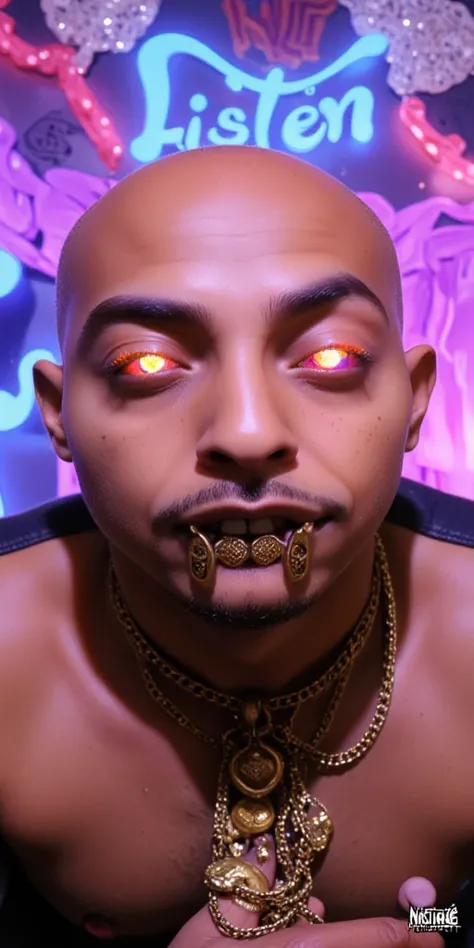 3D animated Character Nztykle . The man is Muscular Wearing Streetwear, the man has super close shaven skin Bald Head::5.1 , dreamscape portraiture, eye-catching detail, a low angle shot of Nztykle with A Gold denture with a Diamond fang-shaped grillz writ...